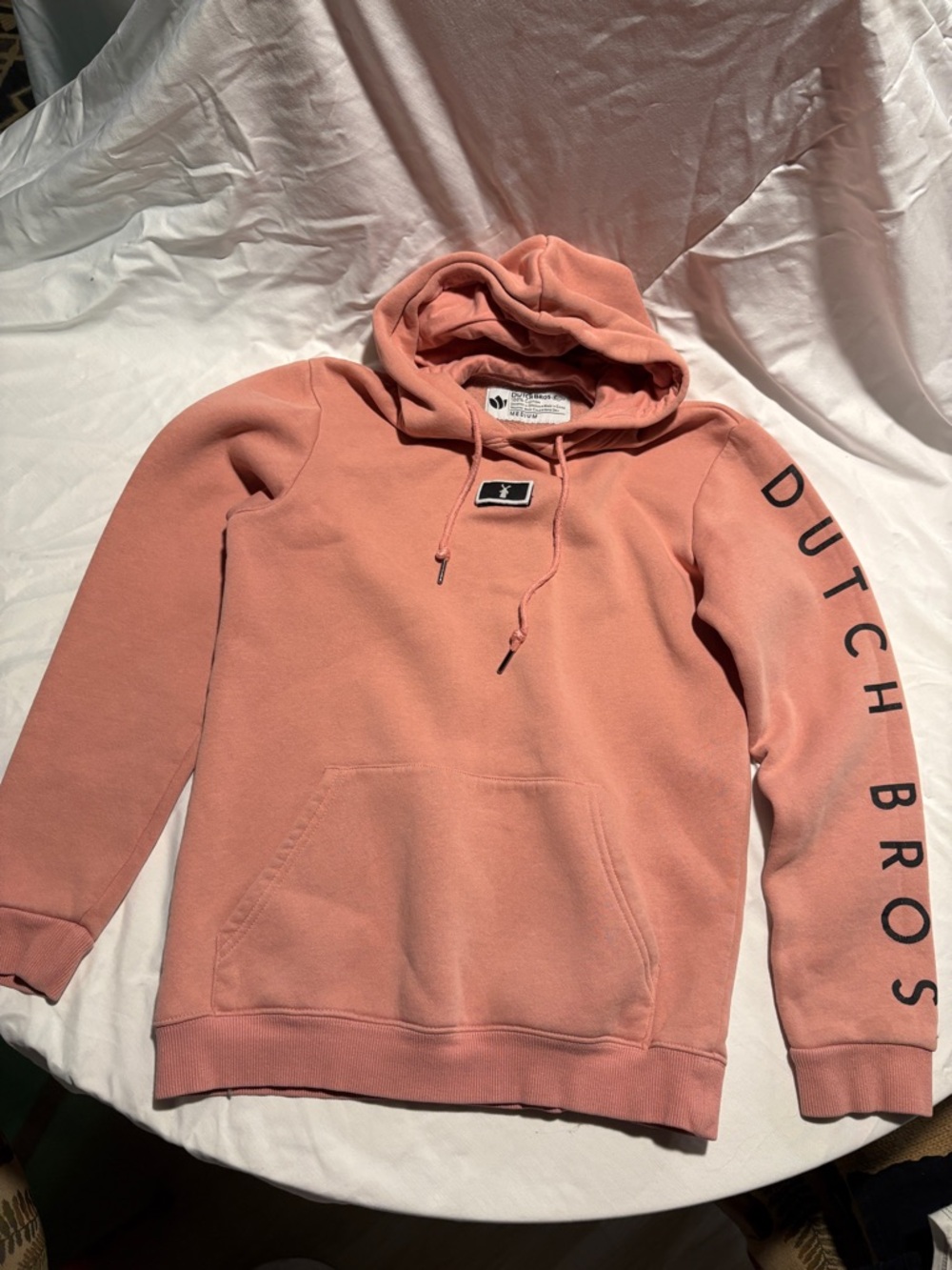 Dutch Bros Coral Pink Crewneck Hoodie with Sleeve Logo